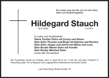 Traueranzeige von Hildegard Stauch von Pegnitz-Zeitung